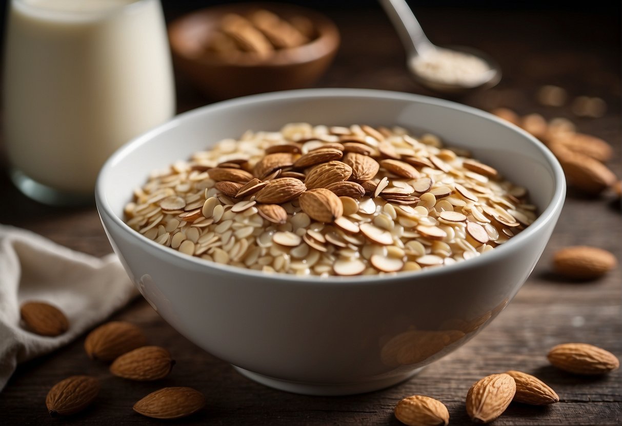 A bowl of oats with almond milk being poured over it