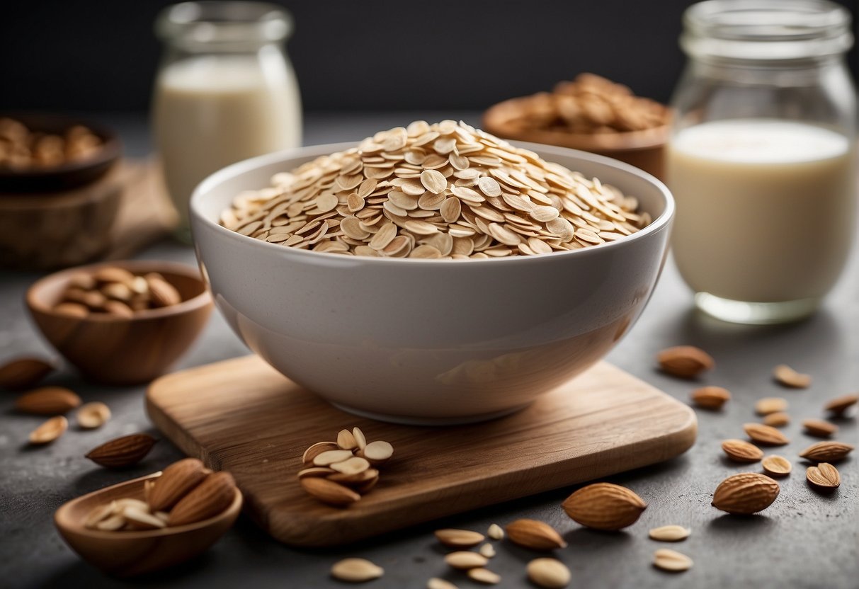 A bowl of oats sits next to a carton of almond milk, with a spoon nearby