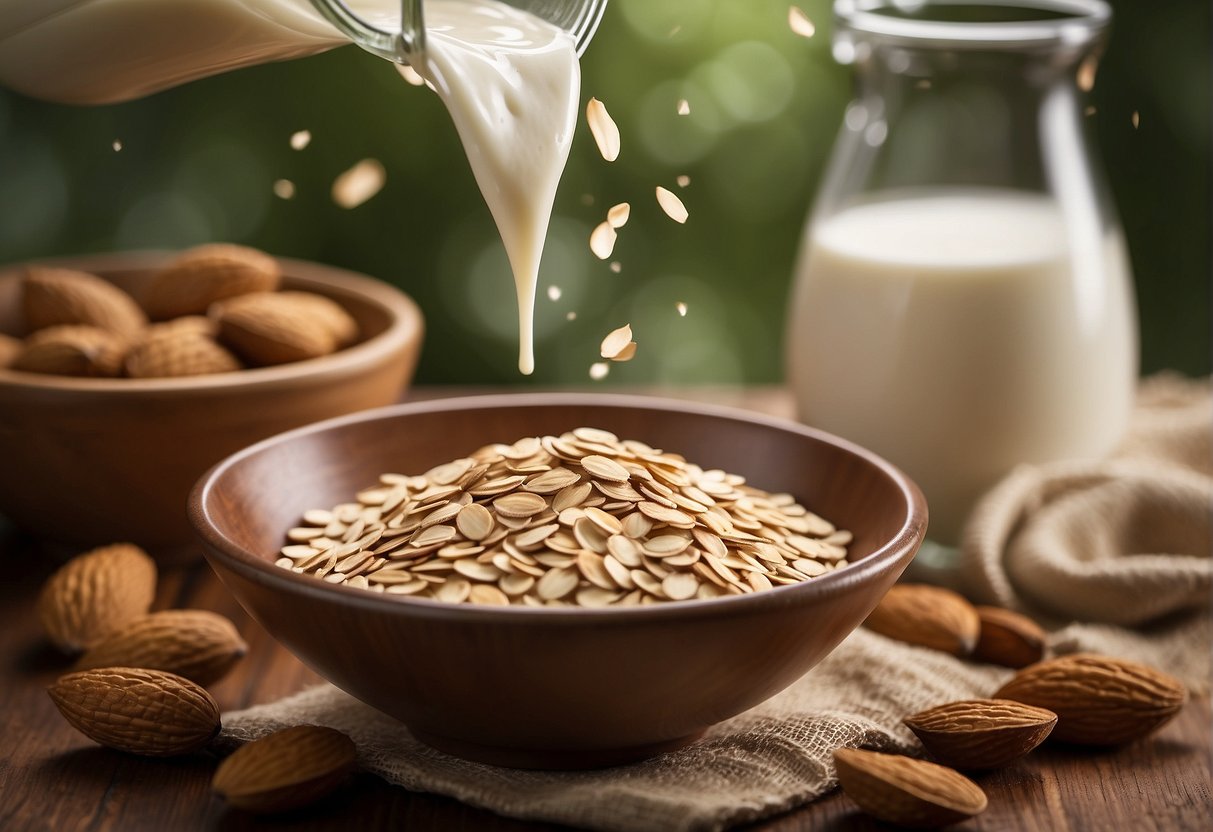 A carton of almond milk pouring into a bowl of oats