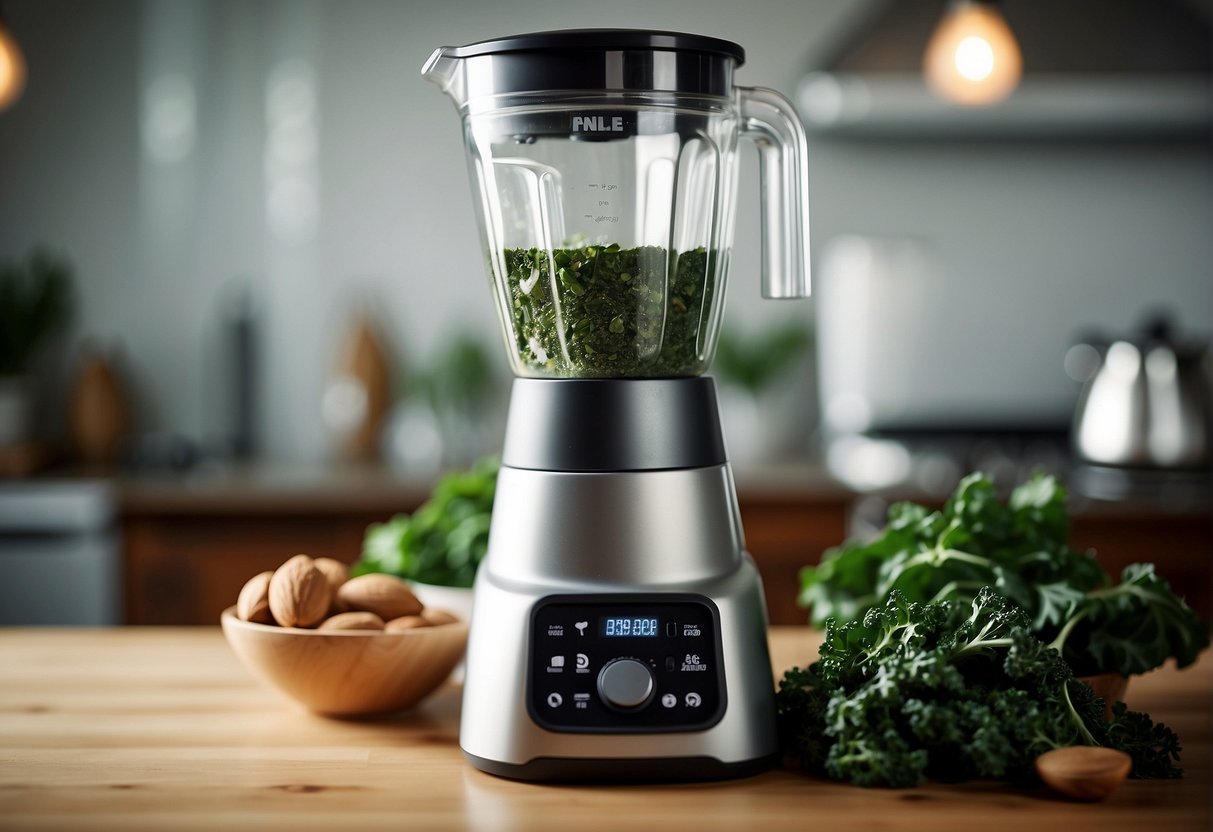 Almond milk pours into a blender with fresh kale leaves