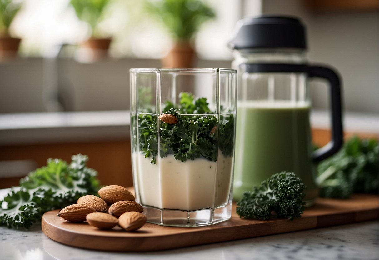 A glass of almond milk and kale leaves in a blender