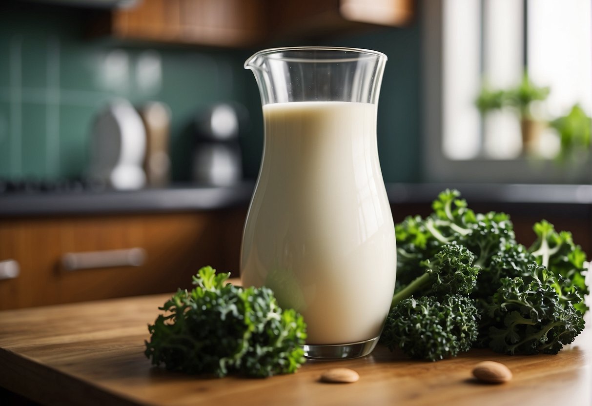 A glass of almond milk and a bunch of kale sit side by side on a kitchen counter