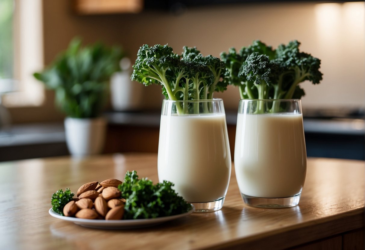 A glass of almond milk and a bunch of kale sit side by side on a kitchen counter