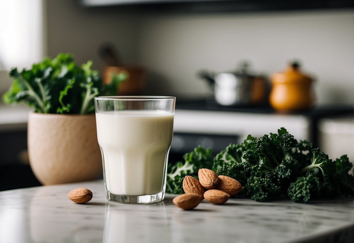 A glass of almond milk and a bunch of fresh kale placed next to each other on a clean kitchen counter