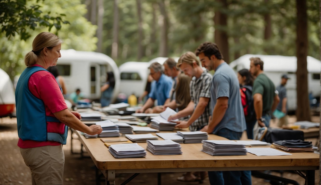 Campers line up at a government office, filling out forms and paying fees. A clerk hands out fishing licenses and permits. Signs display rules and regulations