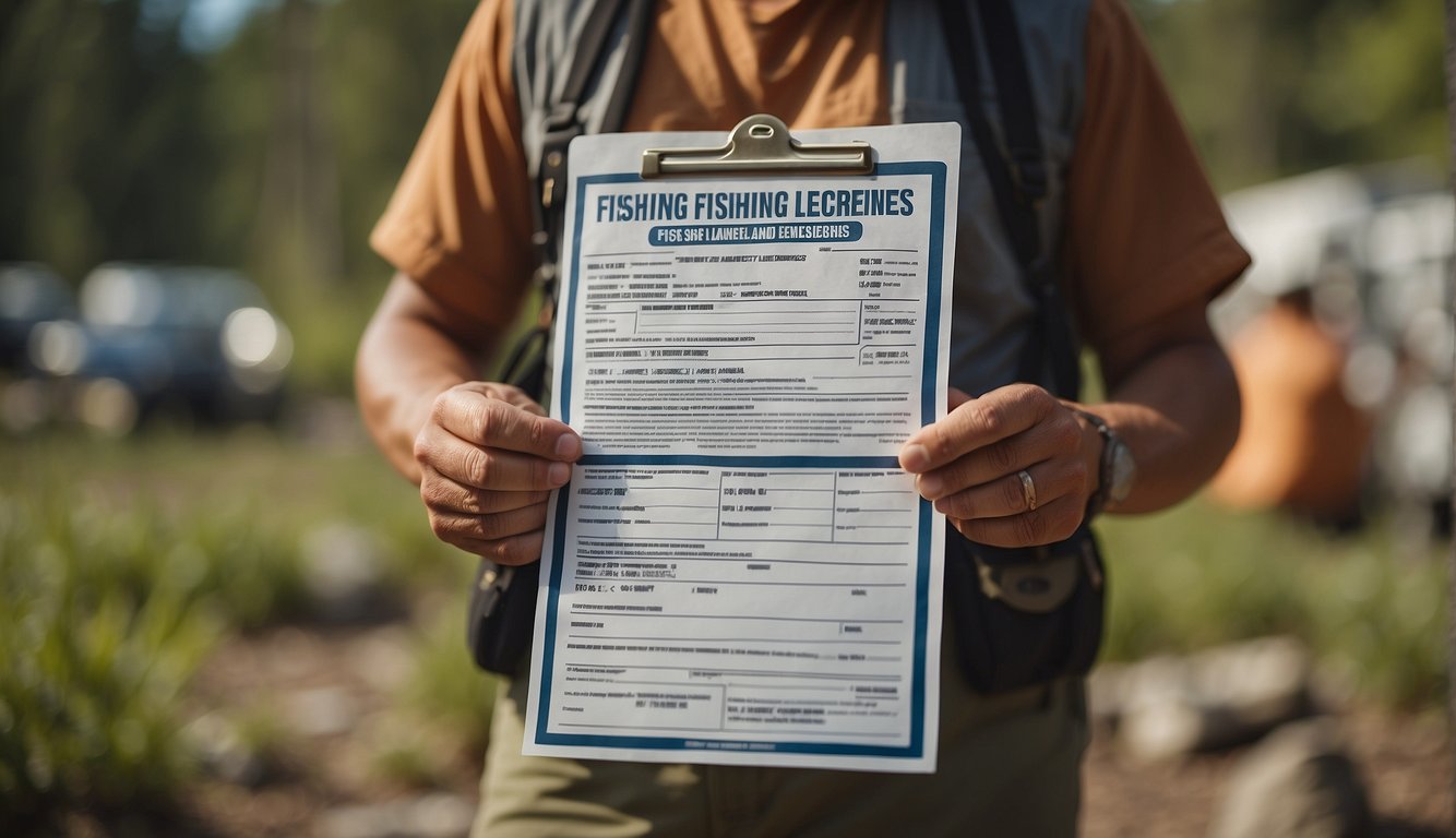 A person holding a fishing license application form, standing next to a sign that reads "How to Obtain Fishing Licenses and Permits for Campers"