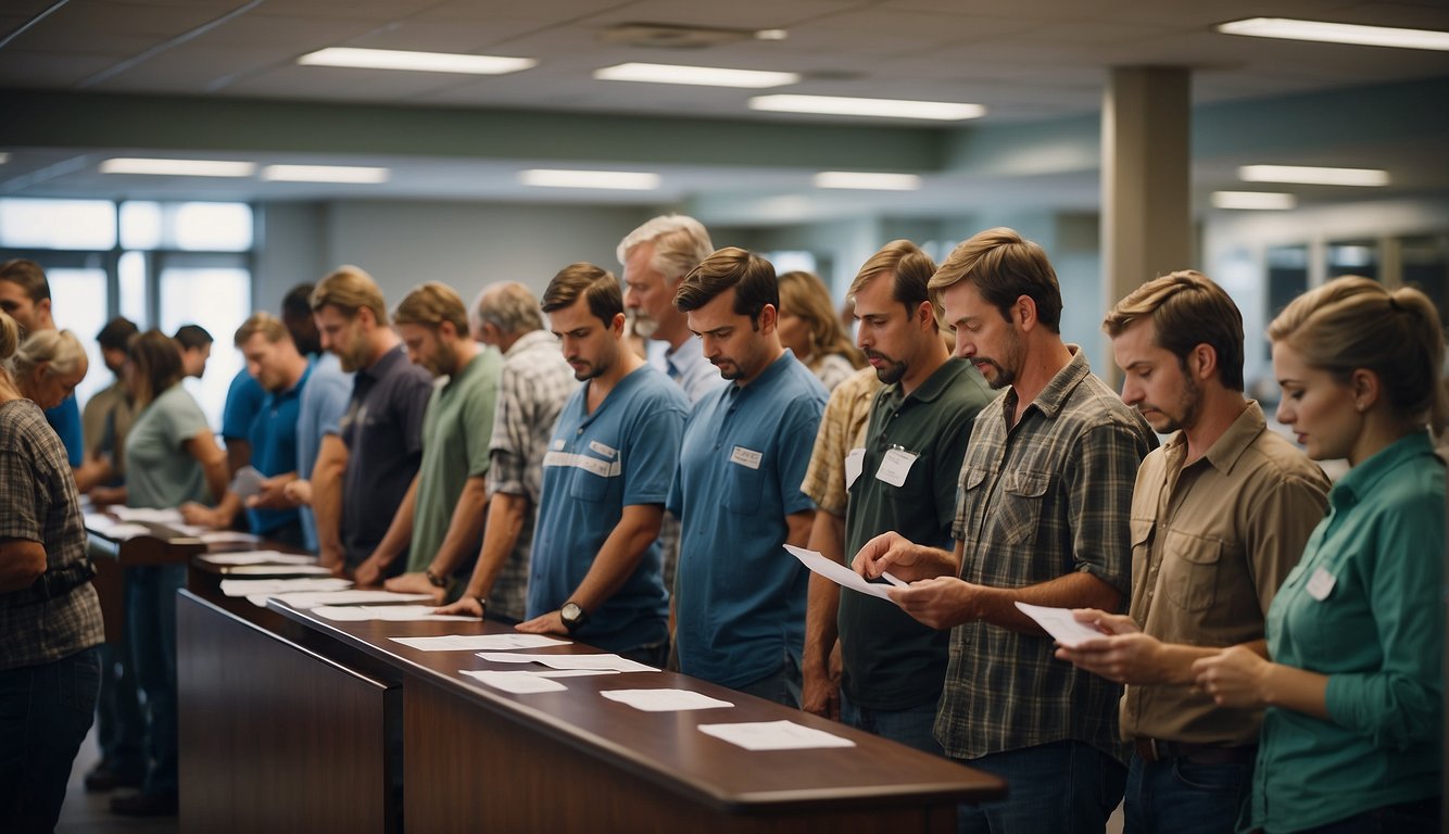 Campers line up at a government office, filling out forms and showing identification. A sign displays the requirements for obtaining fishing licenses and permits