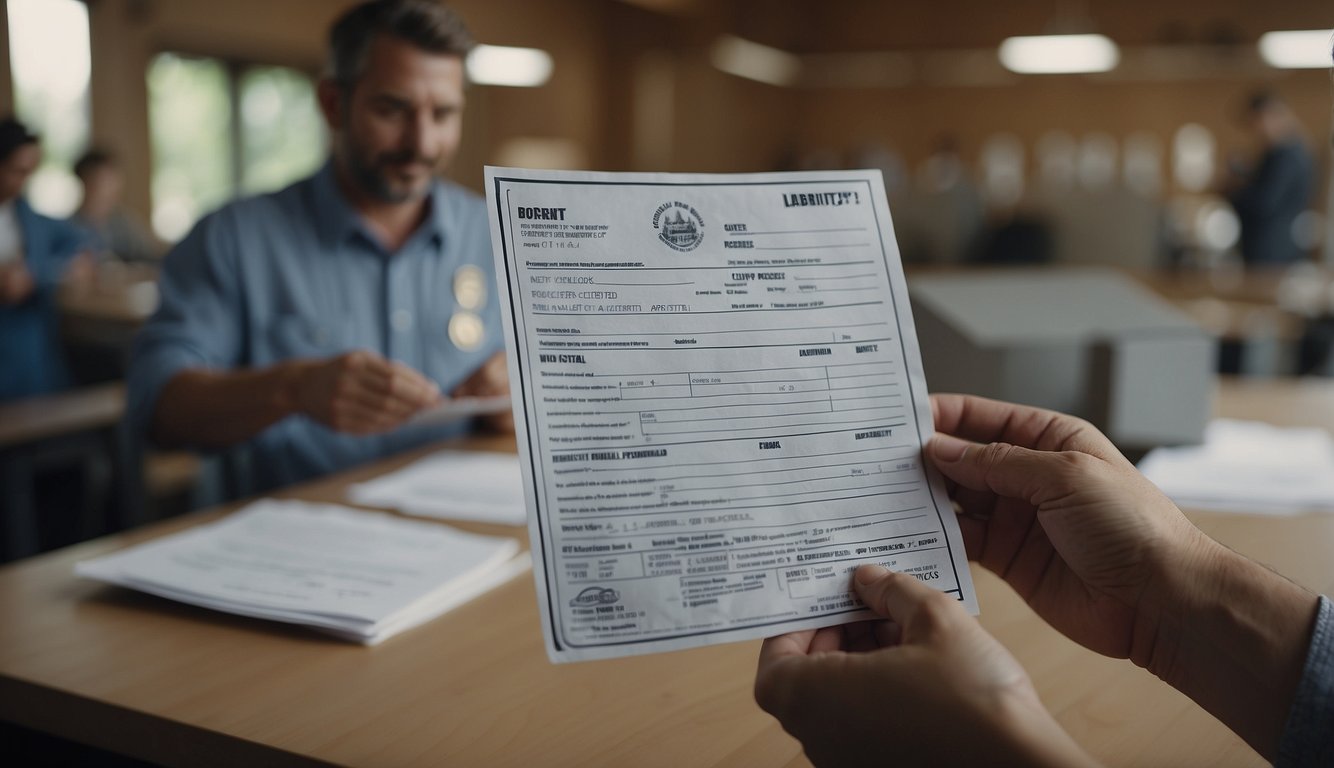 A person fills out a form at a government office, pays for a fishing license, and receives a permit for camping. The clerk hands over the documents with a smile