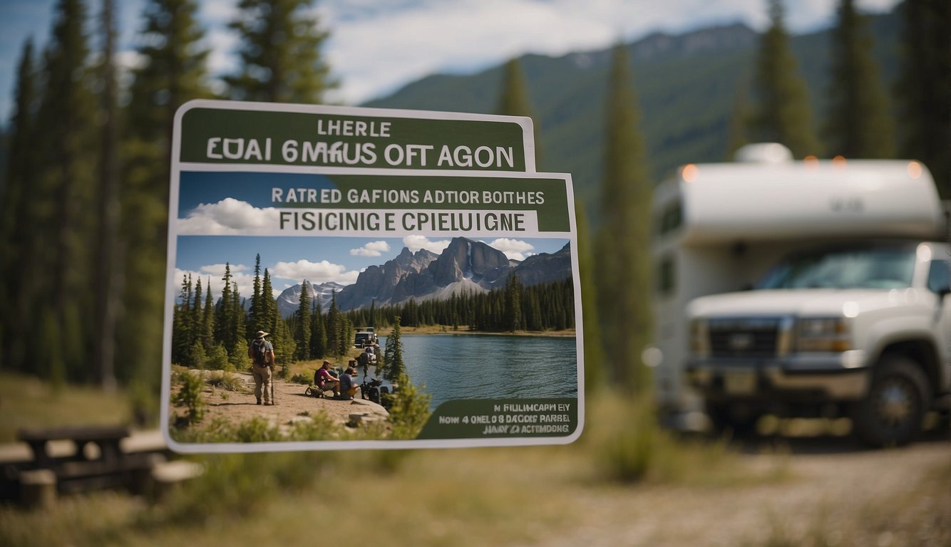 Campers obtain fishing licenses at a government office. Signs display regulations. A ranger checks permits at a campsite