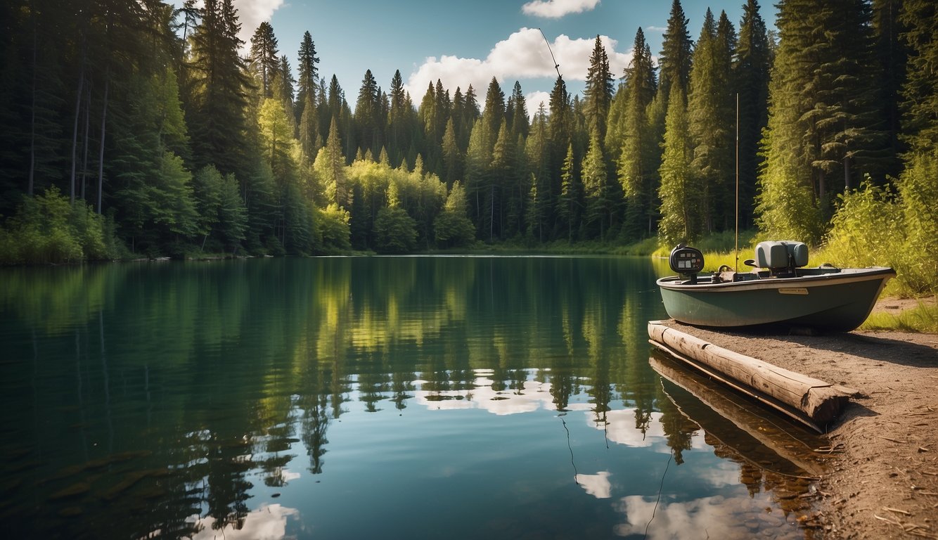 A serene lake surrounded by lush green trees, with a fishing rod and tackle box on the shore. A sign nearby displays information on obtaining fishing licenses and permits for campers