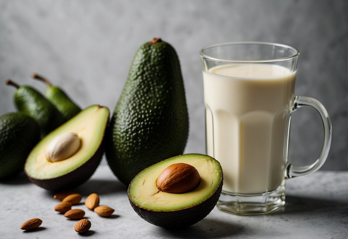 A glass of almond milk and avocado next to each other