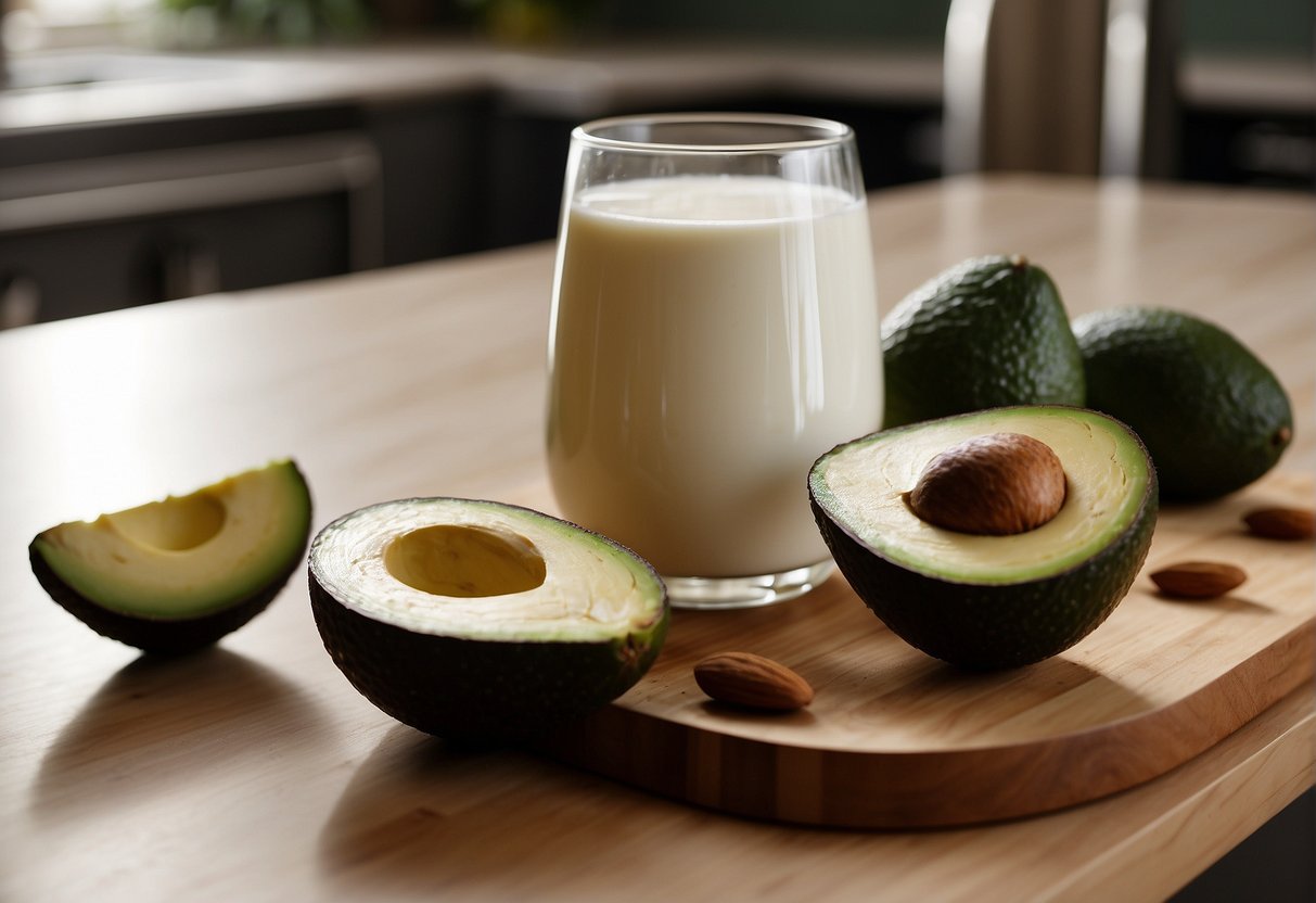A glass of almond milk and a ripe avocado sit on a kitchen counter, ready to be blended together