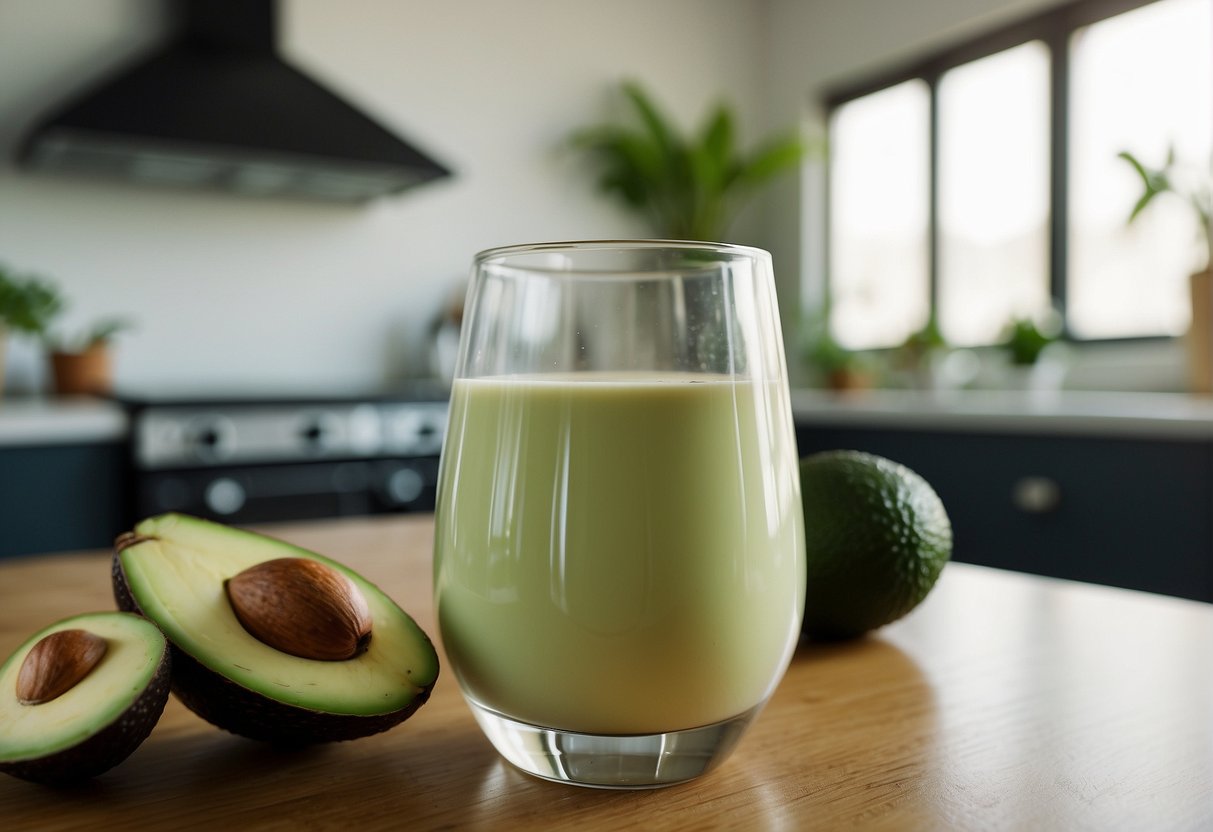 A glass of almond milk and a ripe avocado on a clean kitchen counter