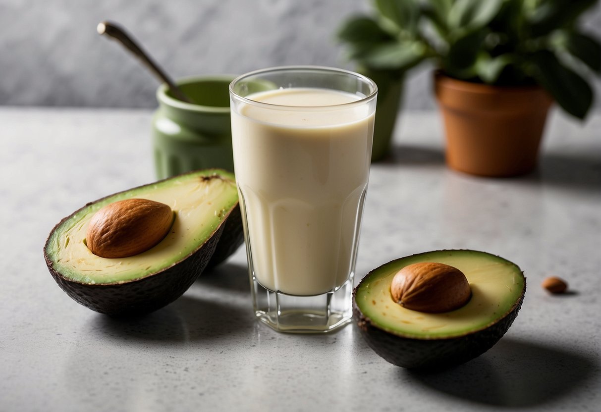 A glass of almond milk and avocado on a clean countertop, with a mixing spoon nearby