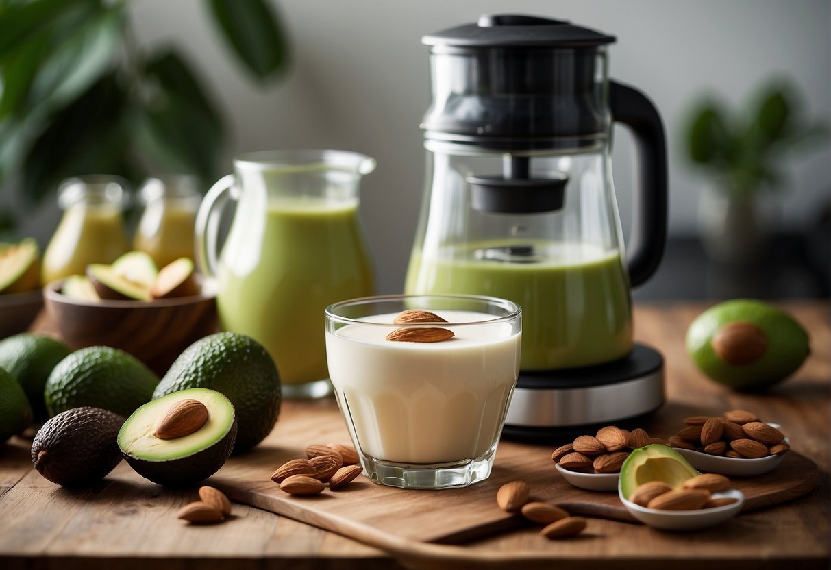 A pitcher pours almond milk into a blender with a ripe avocado