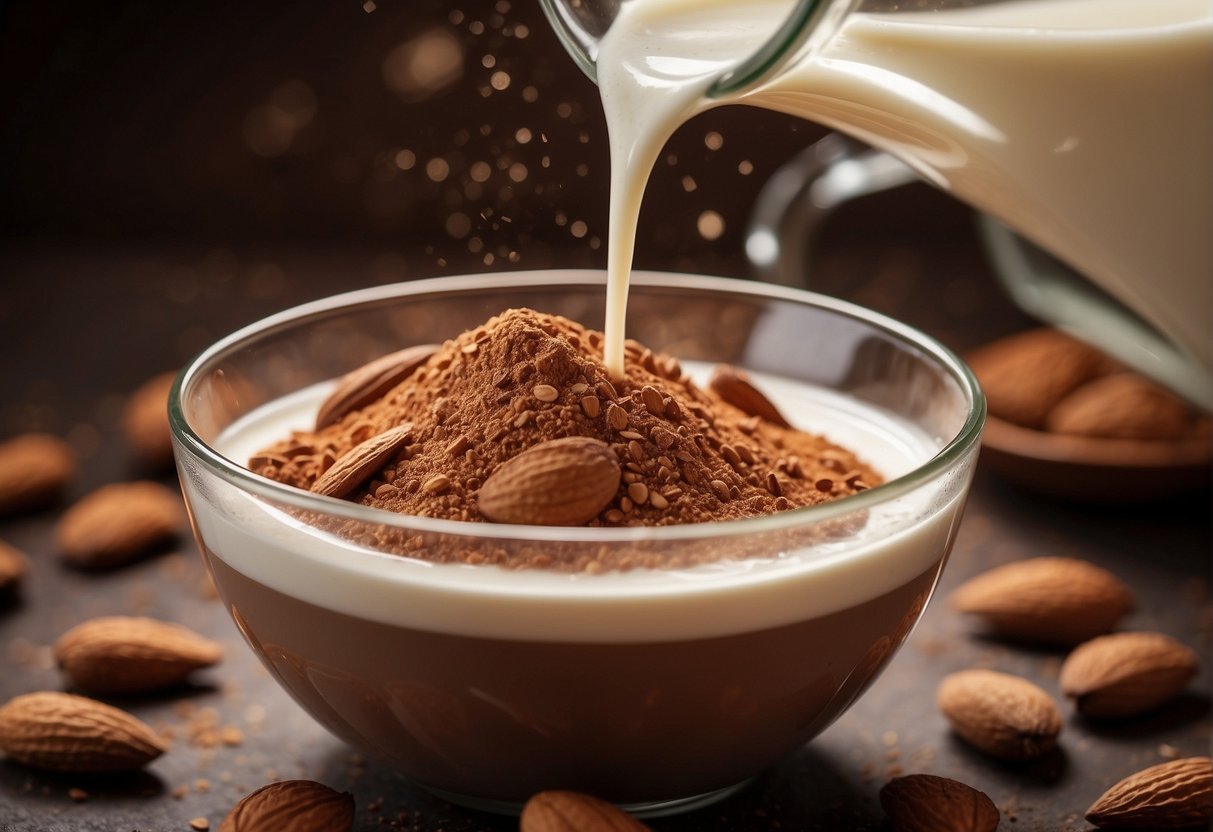 A glass of almond milk being poured into a bowl with cocoa powder, creating a smooth mixture
