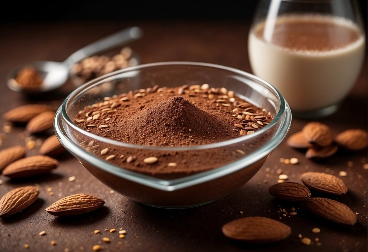 A glass of almond milk being poured into a bowl with cocoa powder being sprinkled on top