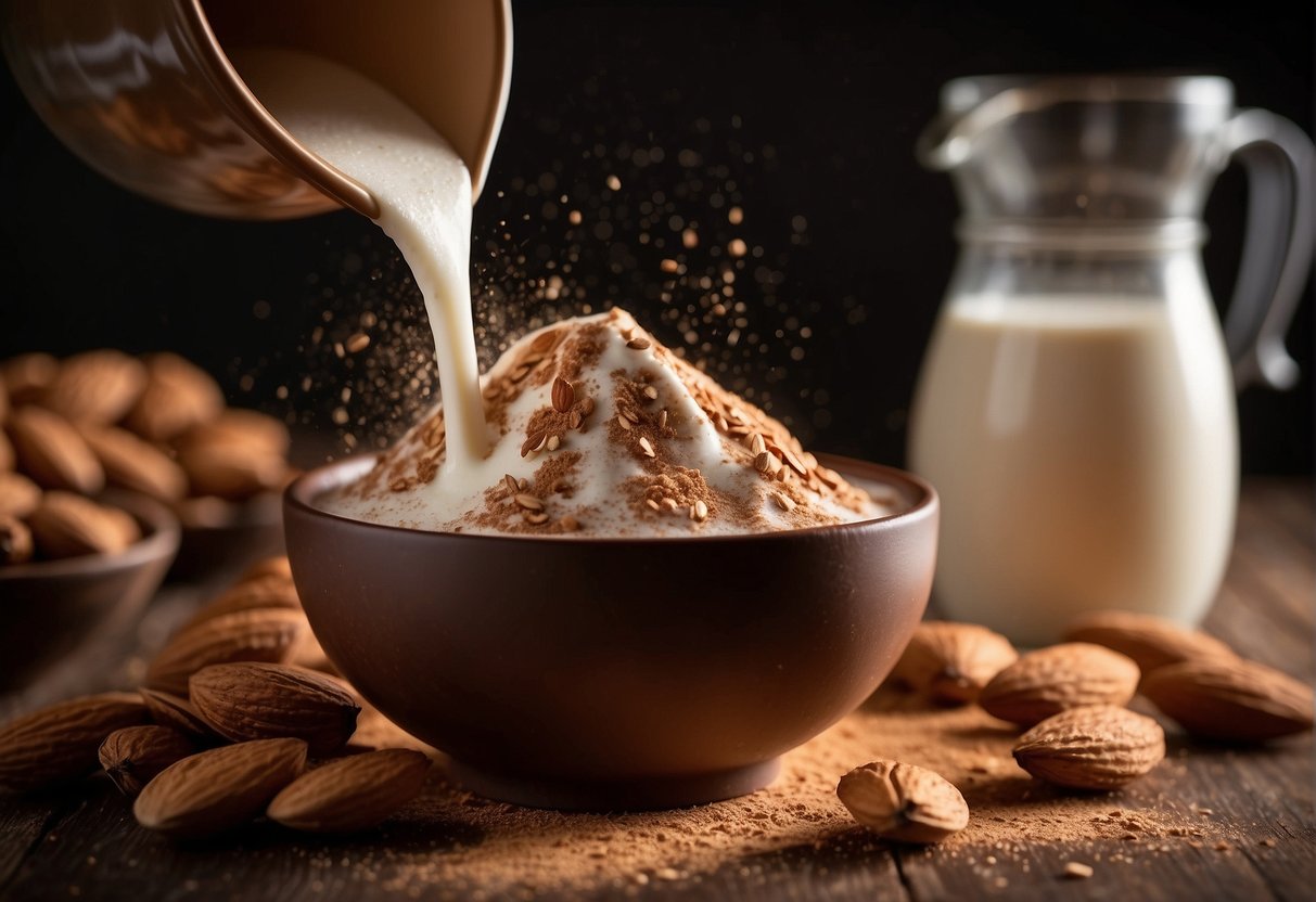 Almond milk pours into a bowl, followed by a dusting of cocoa powder. The two ingredients swirl together, creating a rich, creamy mixture