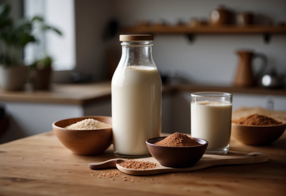 A bottle of almond milk and a container of cocoa powder sit on a kitchen counter, with a mixing bowl and whisk nearby