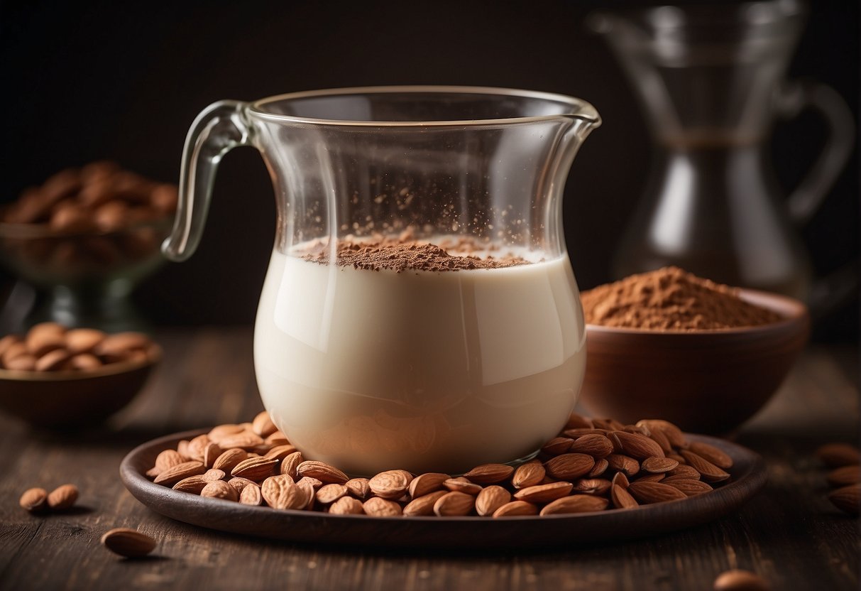Almond milk and cocoa powder mixing in a clear glass bowl