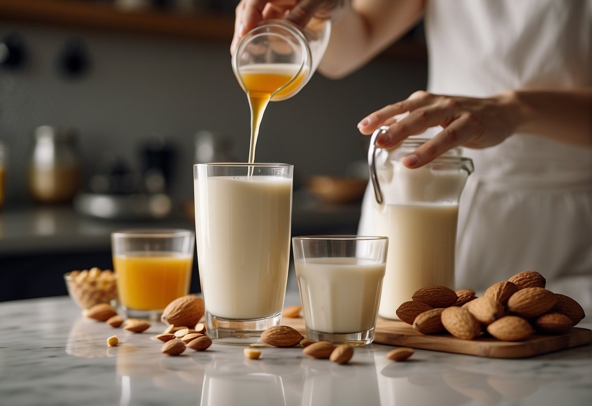 A hand pours almond milk into a glass, while another hand drizzles honey into the milk. A selection of quality ingredients and accessories are arranged neatly on the counter