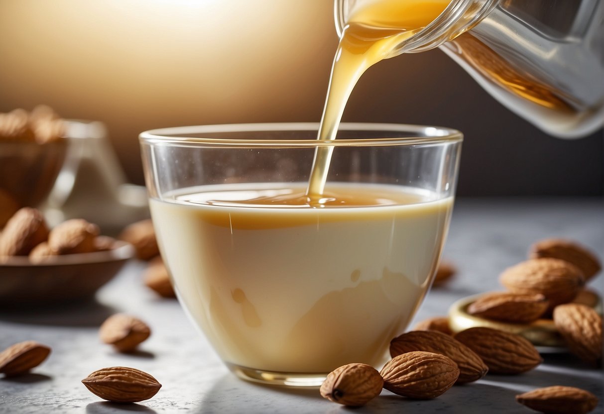 Almond milk and honey being poured into a mixing bowl