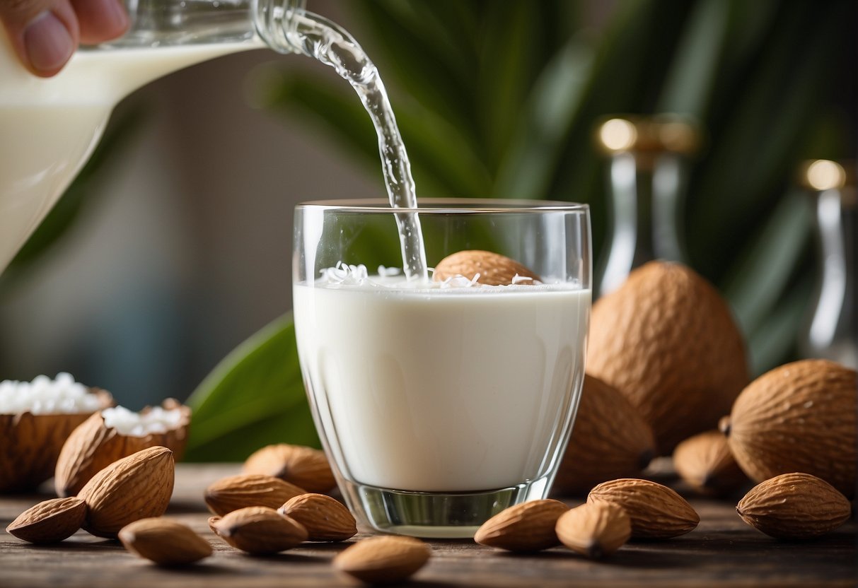 A glass filled with almond milk and coconut water being poured together