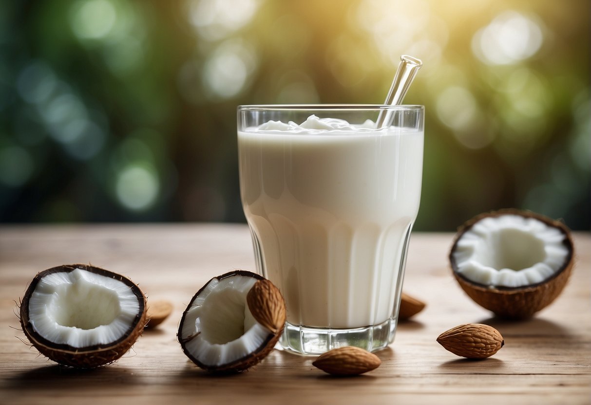 A glass of almond milk and coconut water being poured together