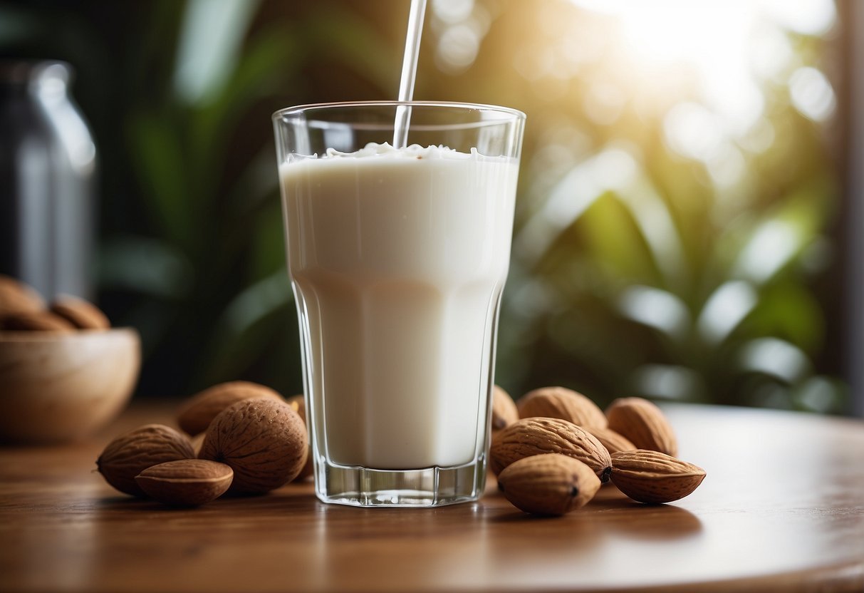 A glass of almond milk and coconut water mixed together on a table