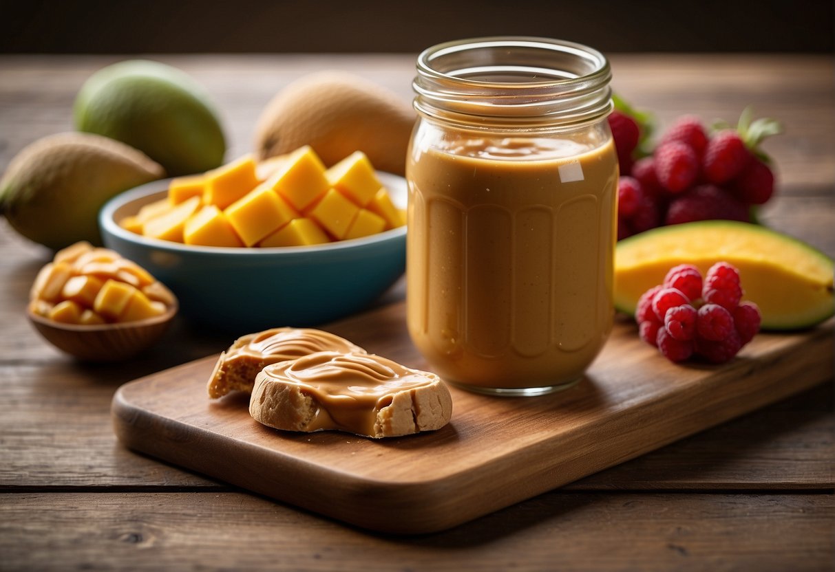 Peanut butter and mango blend in a glass, surrounded by fresh fruit and a jar of peanut butter