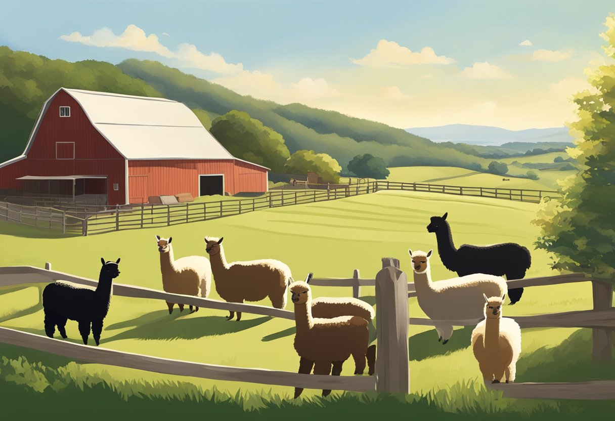 An alpaca farm in Cape May, with rolling green hills, a rustic barn, and a group of alpacas grazing peacefully in the sunshine