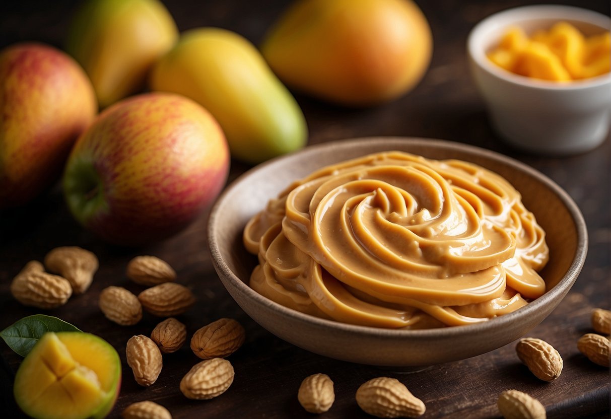 Peanut butter and mango swirl together in a vibrant mix