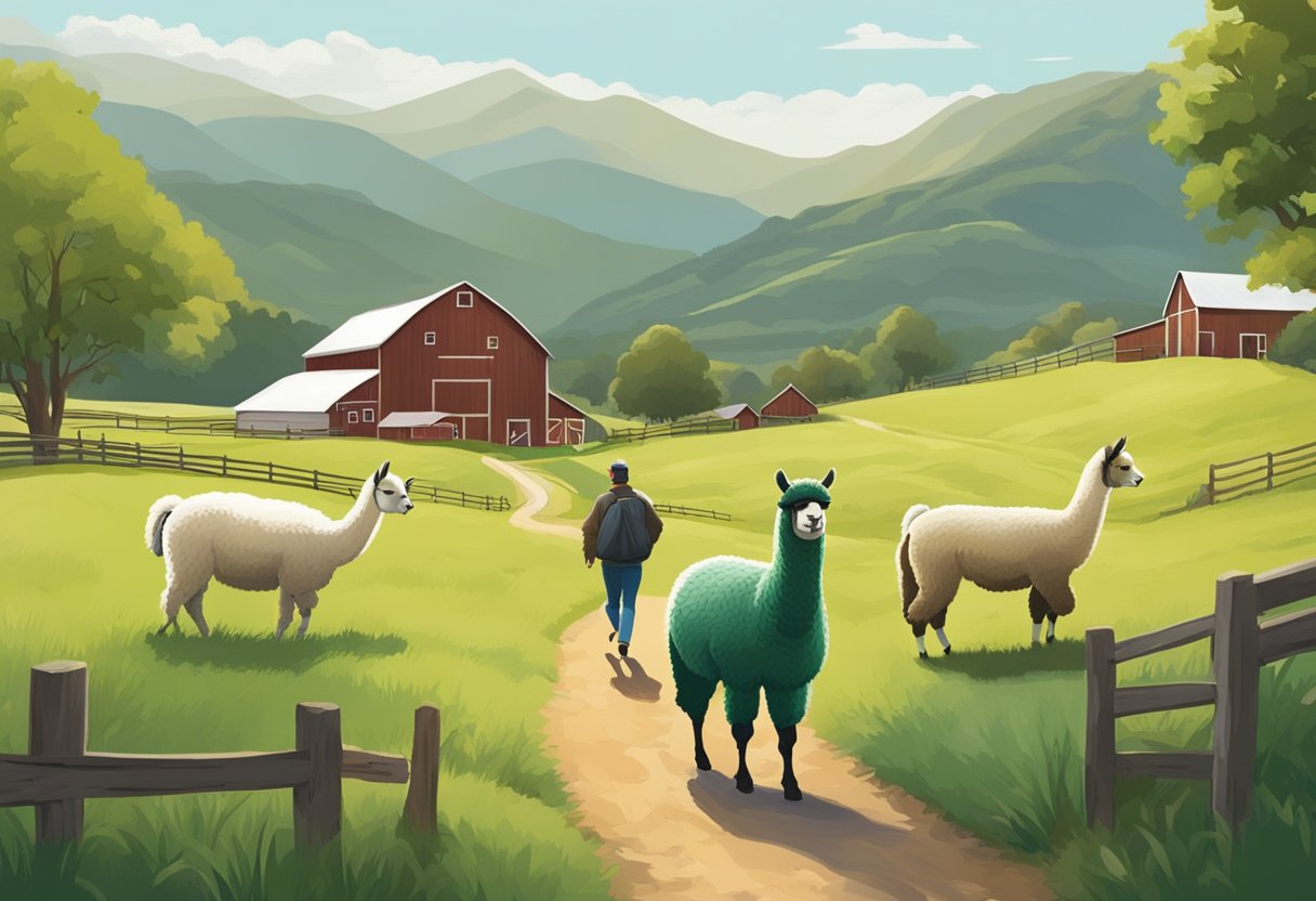 Visitors walk through green pastures, surrounded by curious alpacas. A rustic barn and rolling hills complete the tranquil scene