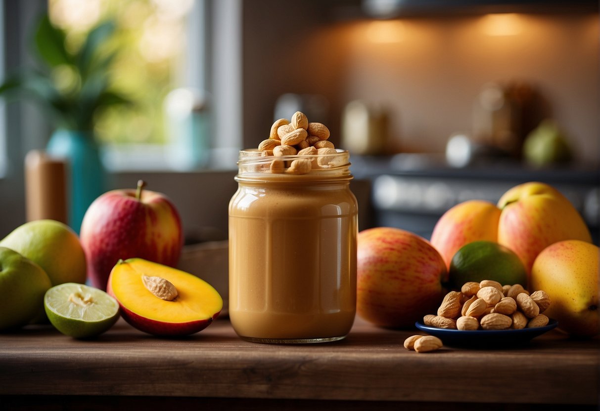 A jar of peanut butter and a ripe mango sit on a kitchen counter, surrounded by colorful fruits and a variety of ingredients