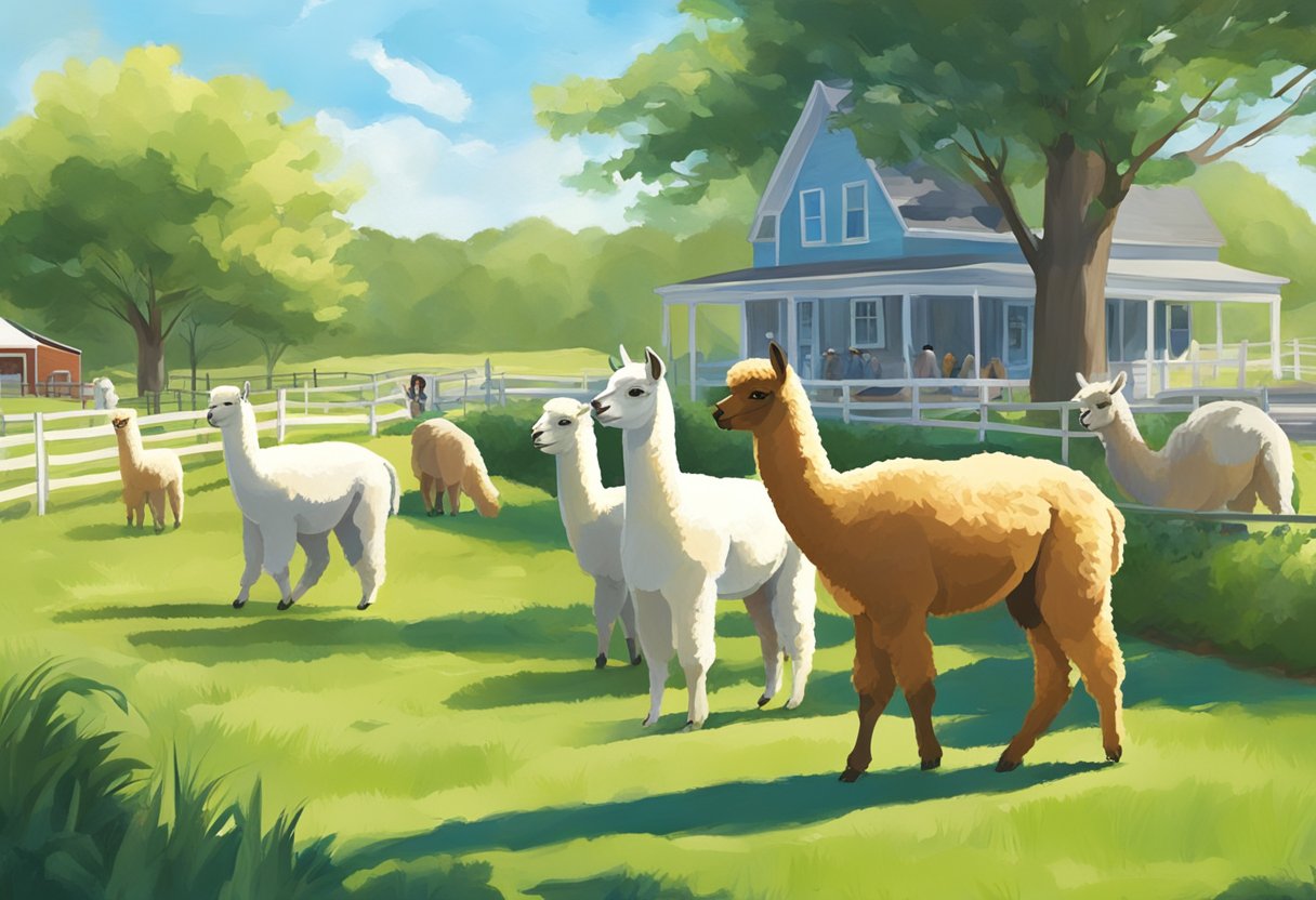 Alpacas roam in a lush green field, grazing peacefully under the bright sun. Visitors watch and interact with the gentle animals at the Cape May farm