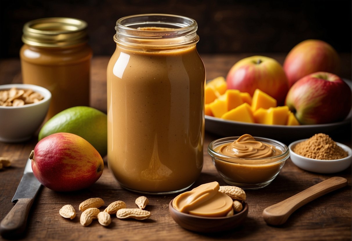 A jar of peanut butter and a ripe mango sit on a wooden table, surrounded by various utensils and ingredients. The two ingredients are positioned in a way that suggests they are about to be mixed together