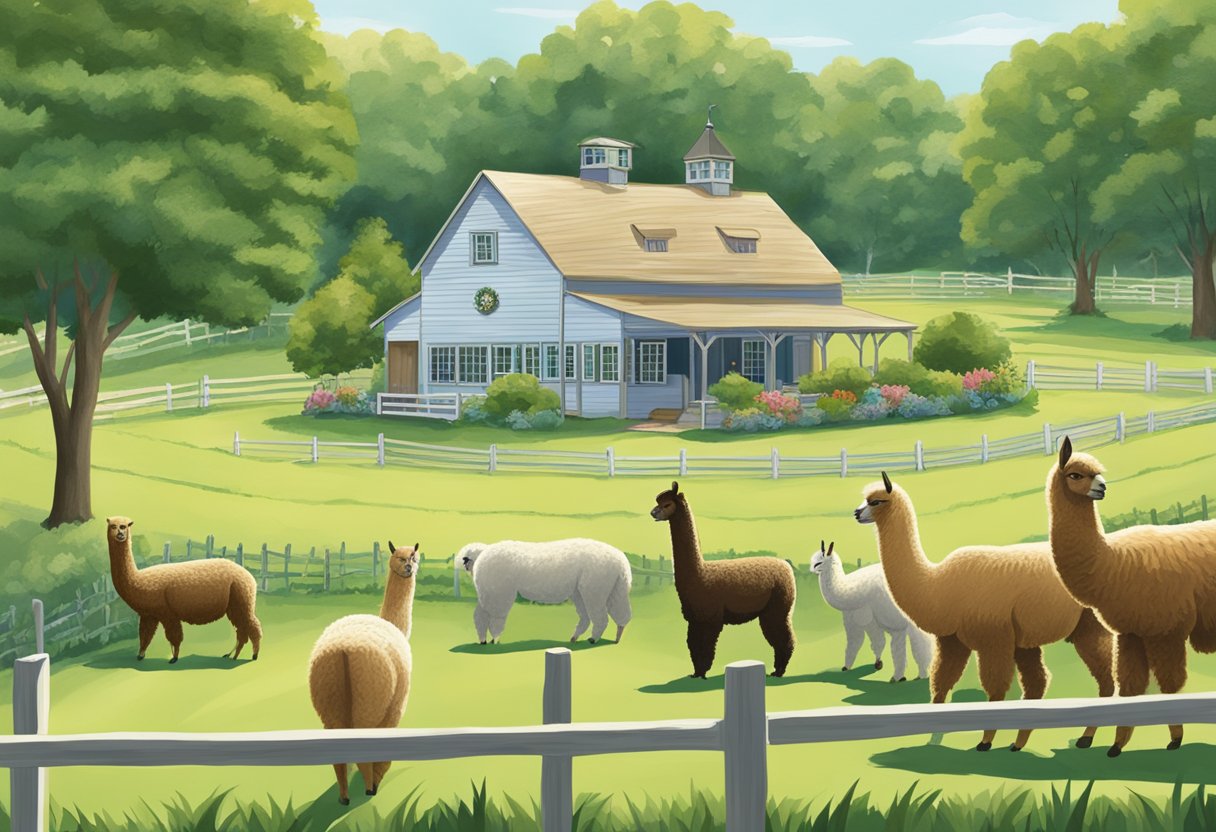 Lush green fields surround a quaint alpaca farm in Cape May. Visitors interact with friendly alpacas, while others enjoy farm tours and workshops