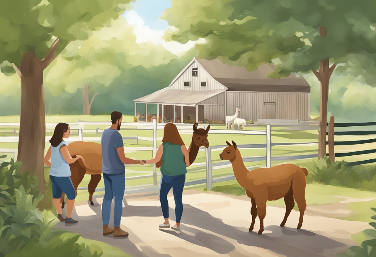 Alpaca farm in Cape May: Visitors petting, feeding alpacas. Barn with cozy, rustic charm. Rolling green pastures and a serene, idyllic setting