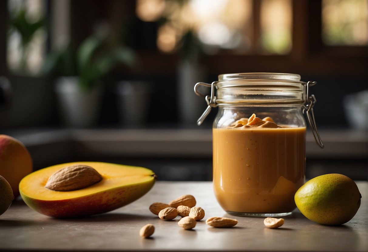 A jar of peanut butter and a ripe mango sit on a kitchen counter, with a mixing spoon nearby