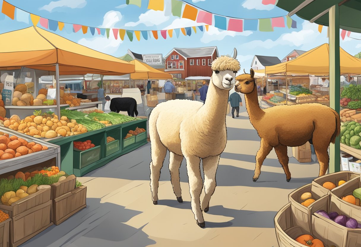 Alpacas roam among farm products at a bustling market in Cape May