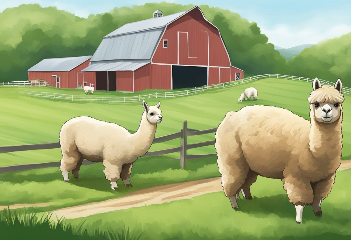 Alpaca farm in Cape May: Alpacas grazing in lush green fields, with a rustic barn and rolling hills in the background