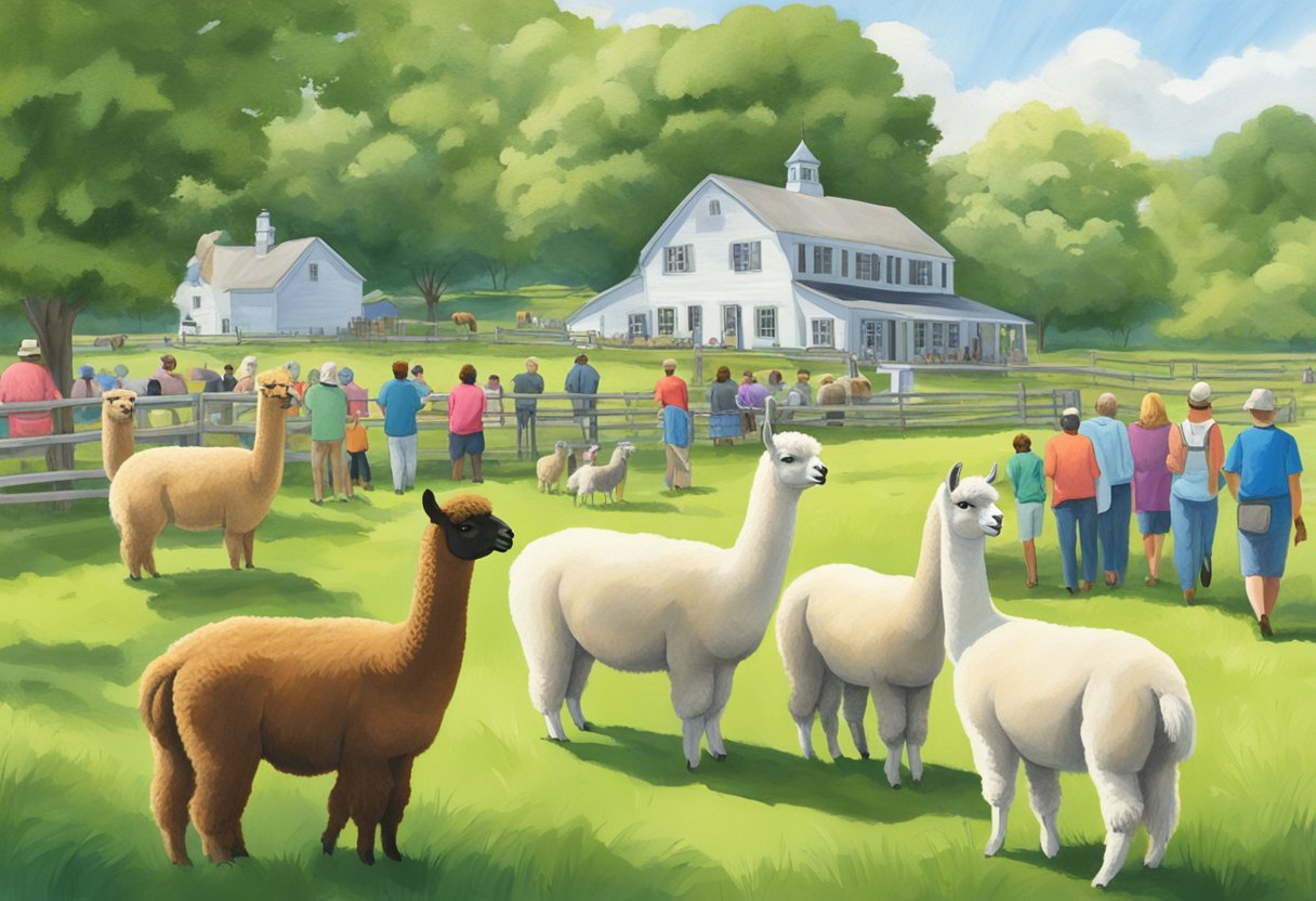 Alpacas roam in lush green pastures at a Cape May farm, surrounded by curious visitors seeking answers to their questions