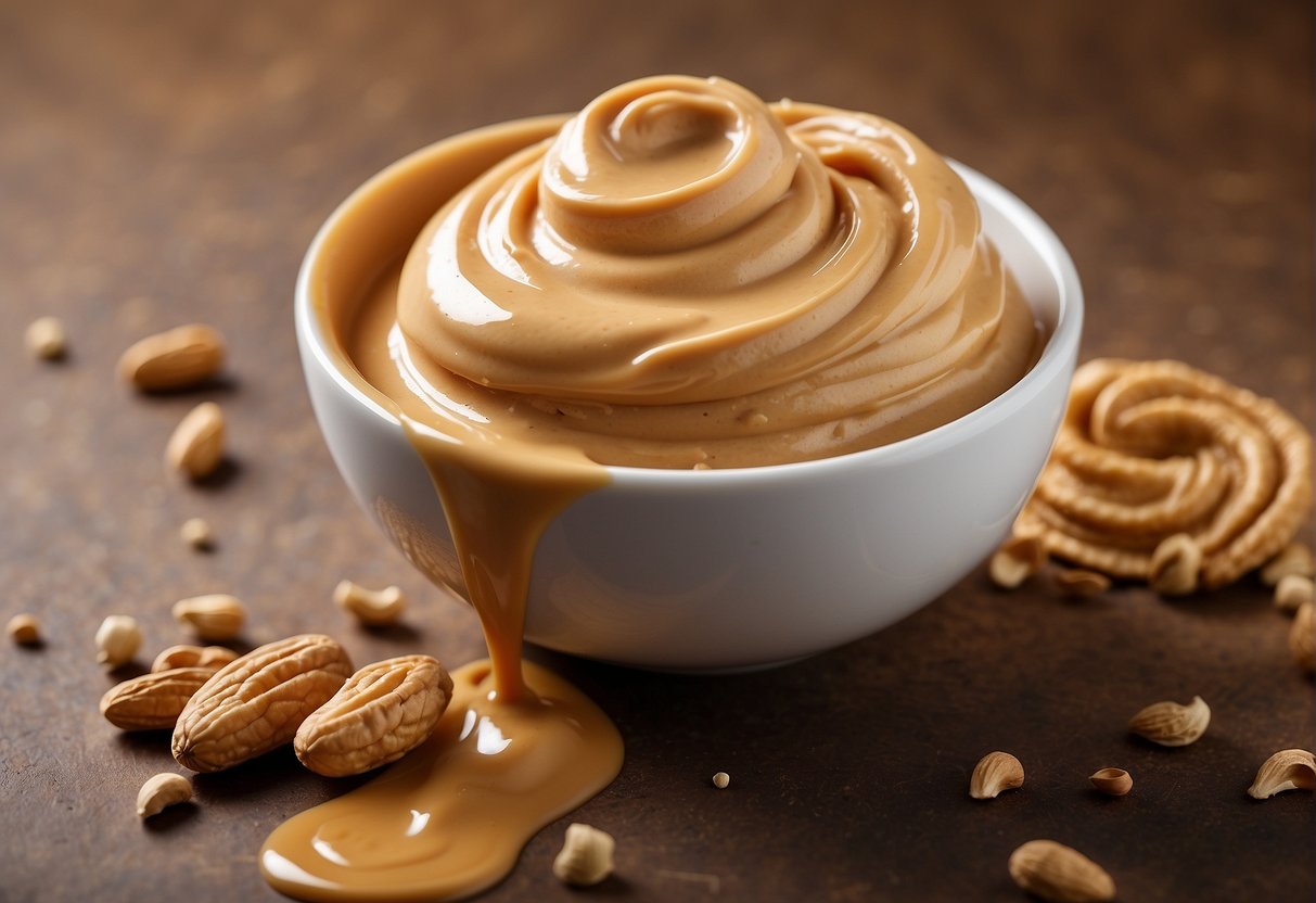 A dollop of creamy peanut butter sits next to a swirl of tangy yogurt, ready to be mixed together in a bowl