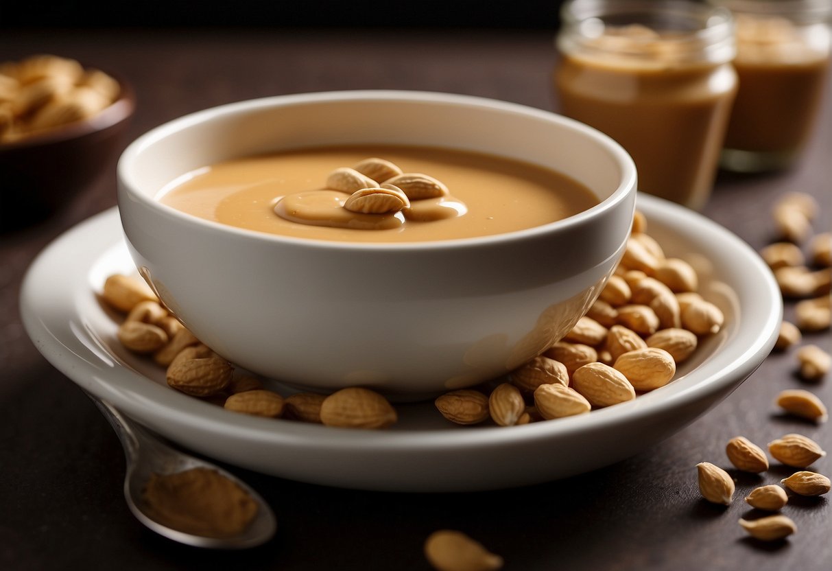 Peanut butter and yogurt in a bowl, with a spoon mixing them together. Ingredients and recipe book in the background