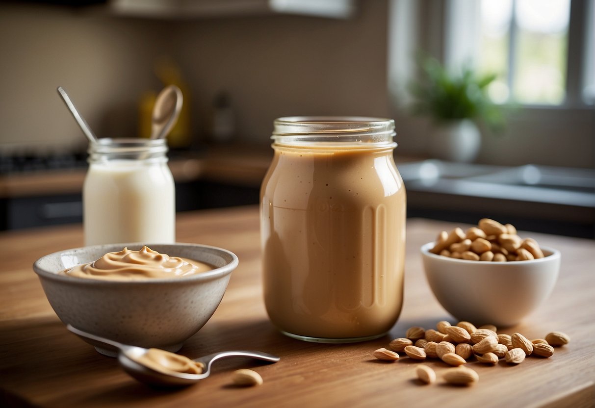 A jar of peanut butter and a container of yogurt sit side by side on a kitchen counter, with a spoon resting next to them