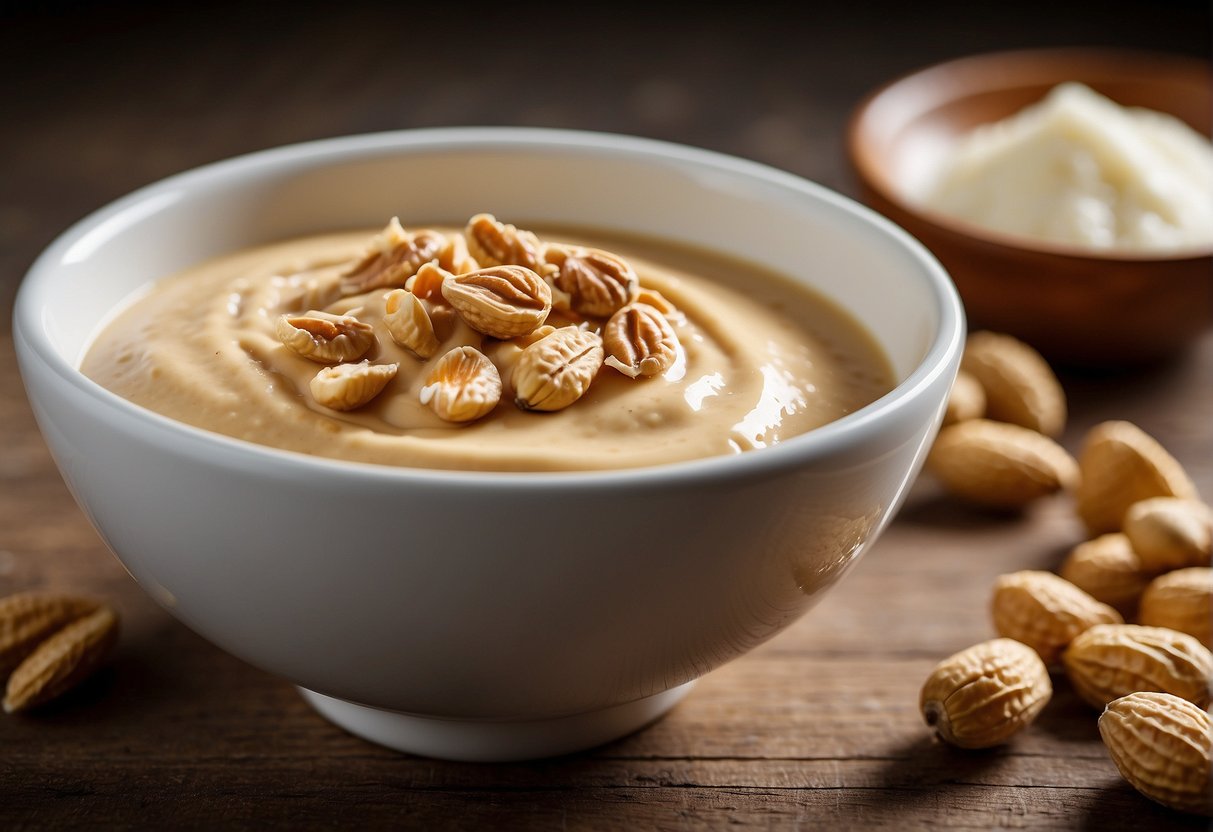Peanut butter and yogurt are being mixed together in a bowl