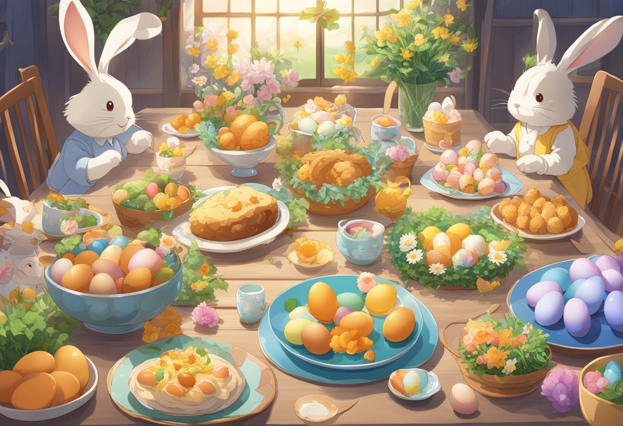 A table set with a colorful array of Easter symbols: eggs, bunnies, and flowers. A family gathering around, sharing stories and enjoying a festive meal