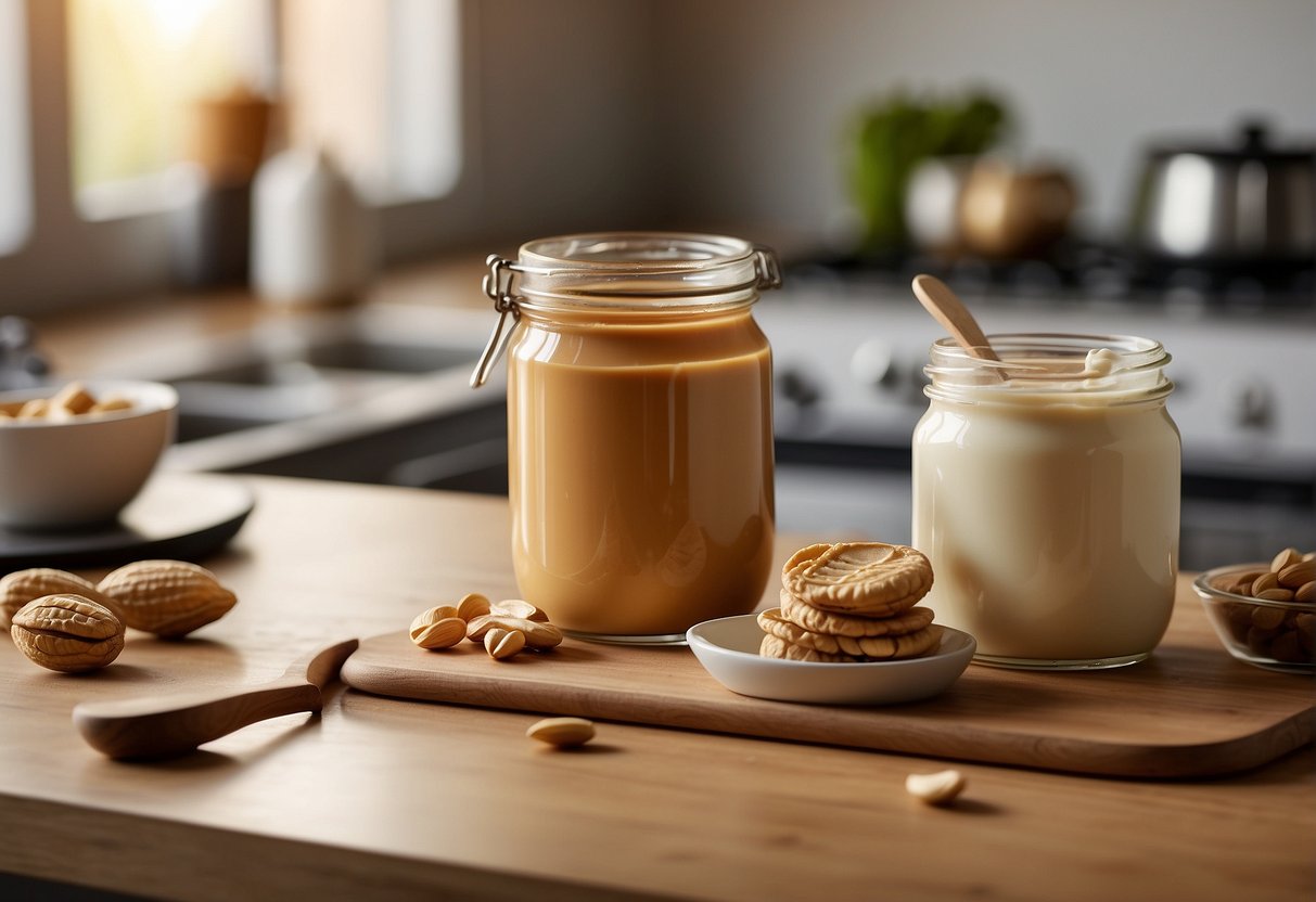 A jar of peanut butter and a container of yogurt sit side by side on a kitchen counter, with a spoon resting nearby