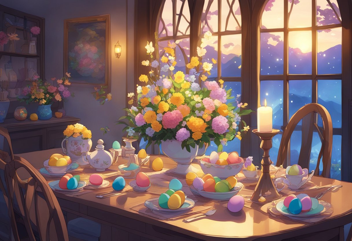 A table set with a colorful array of Easter eggs, a cross adorned with flowers, and a candle lit in a dimly lit room