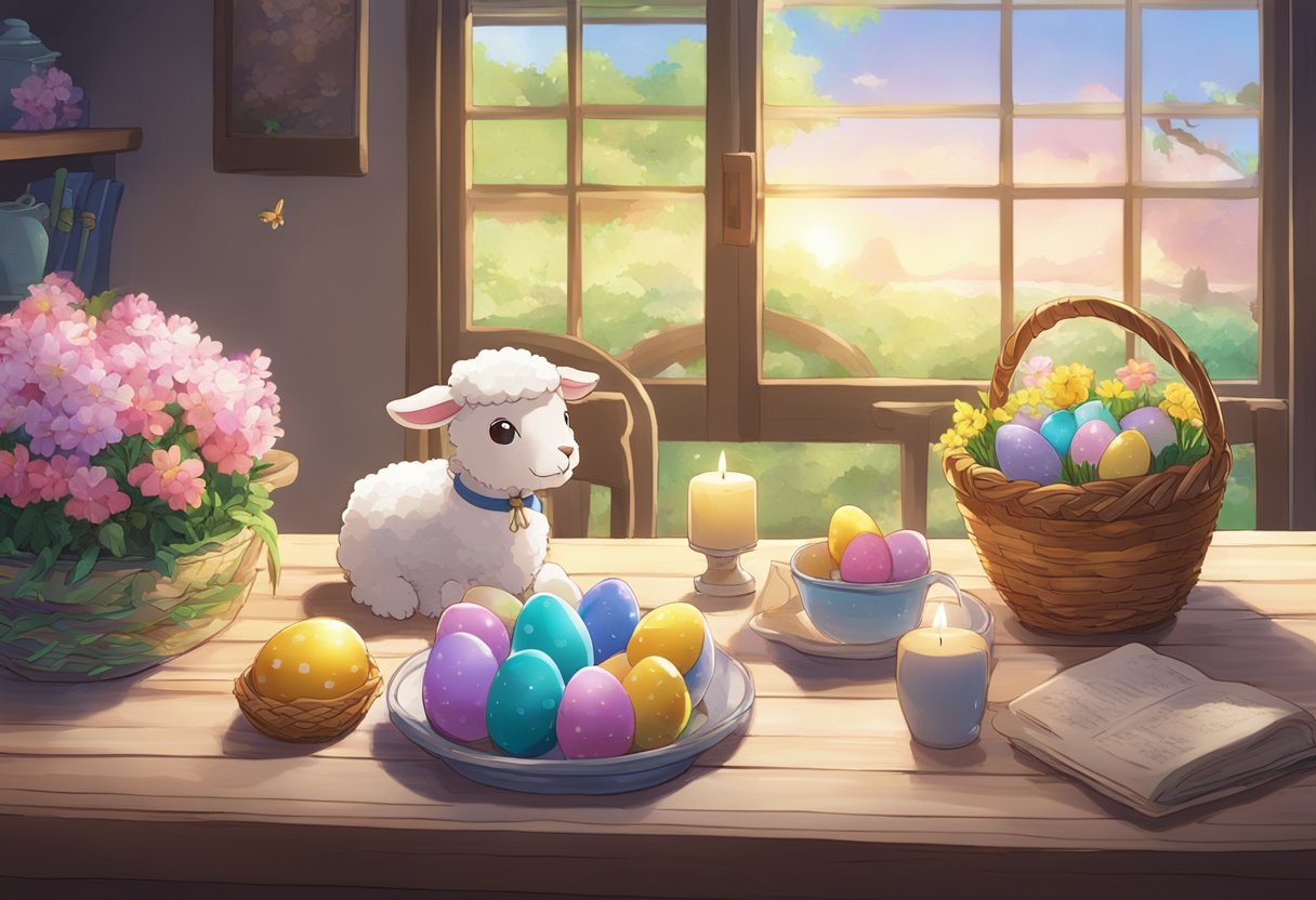 A table adorned with colorful Easter eggs, a cross, and a lamb figurine. A basket filled with spring flowers and a candle symbolizing the resurrection